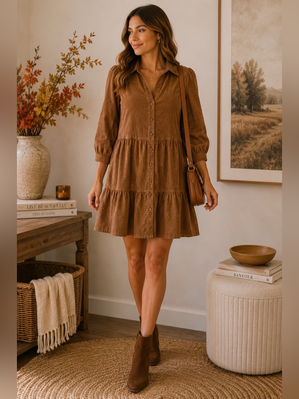 Pinch Brown Corduroy Tiered Shirt Dress Boho Fall Button Front Small